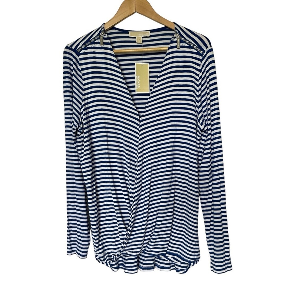 Michael Kors Top‎ Womens L Navy White Striped Shoulder Zipper Faux Wrap NEW